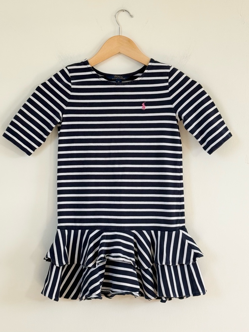 Polo Ralph Lauren Girls Striped Ruffle Flounce Dress Navy Pink Pony size 6X